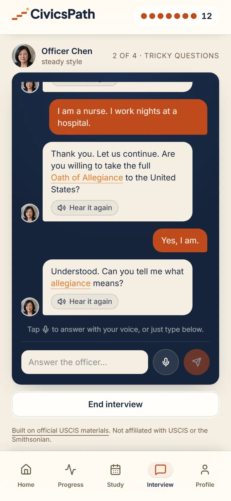 The mock interview in progress: Officer Chen asks what allegiance means, with a microphone and a text box to answer.