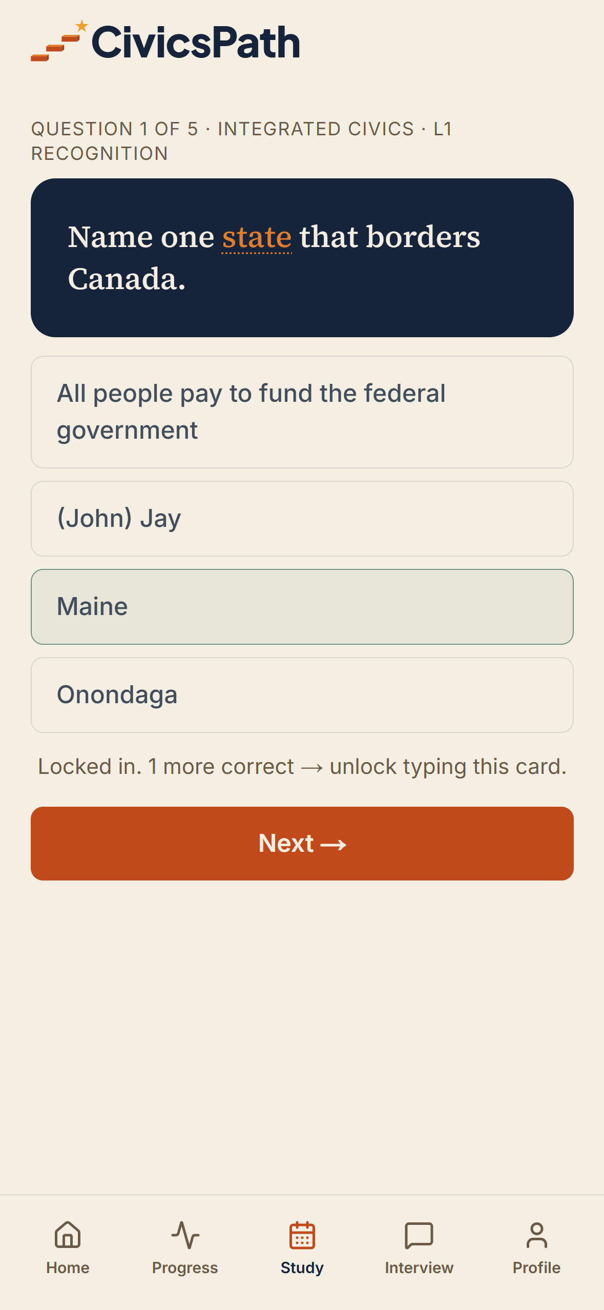CivicsPath study card on iPhone after answering correctly, showing the official answer plus historical context