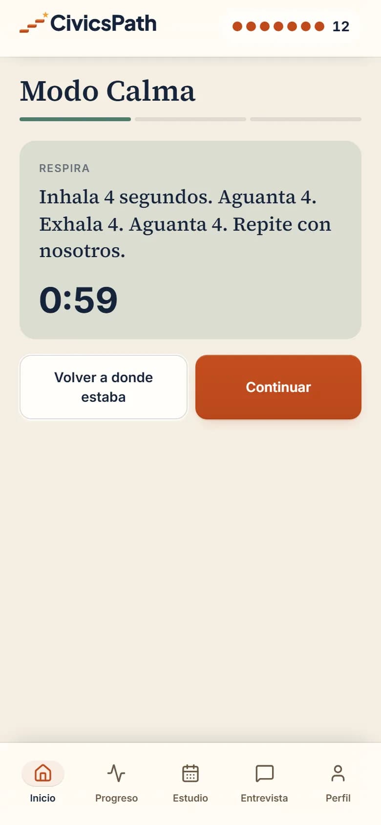 El Modo Calma en la app CivicsPath: la respiración, primero de tres pasos, con un minuto en el reloj.
